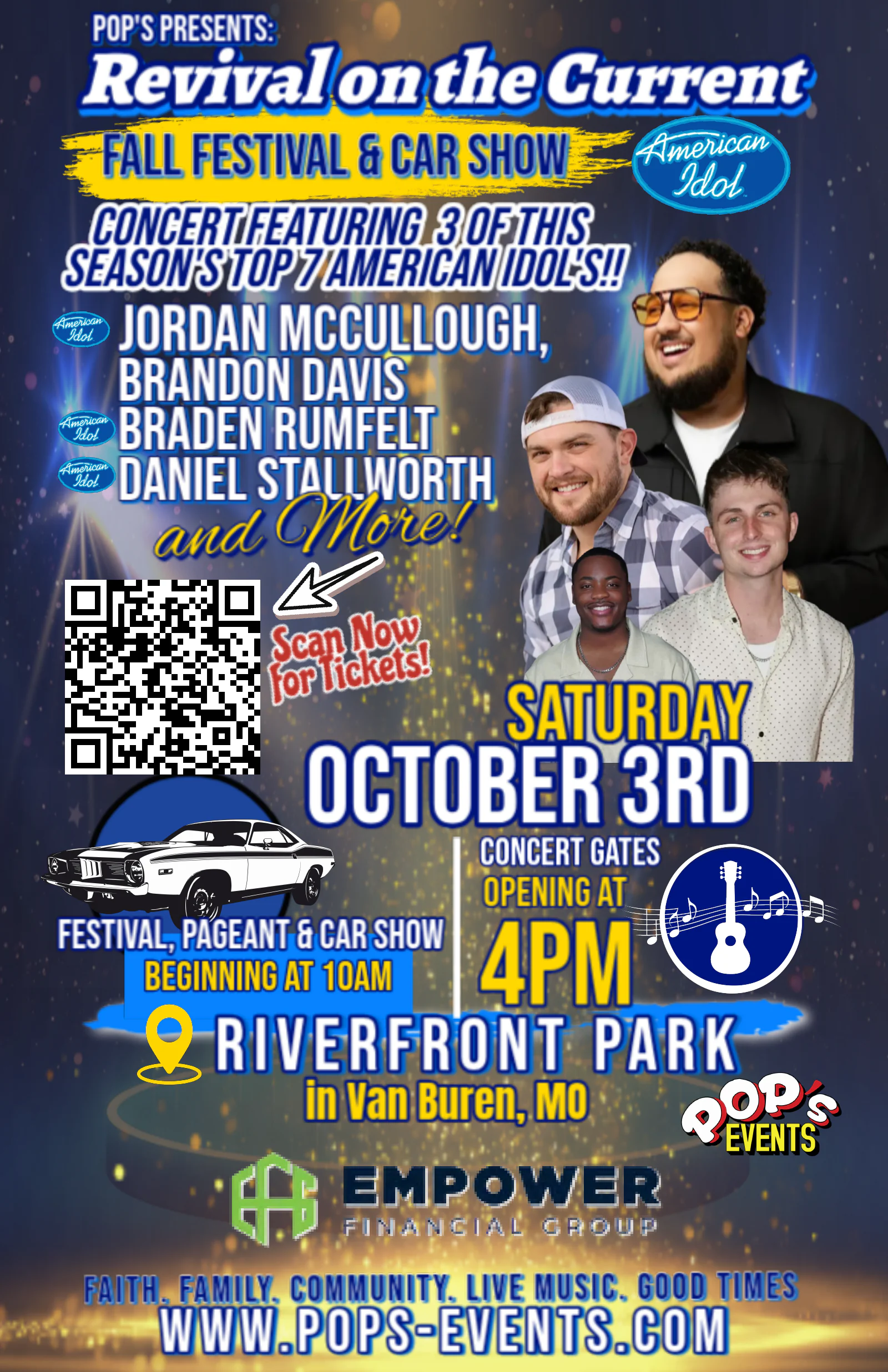 Pop's Revival on the Current — Fall Festival & Car Show, Saturday October 3 2026 at Riverfront Park in Van Buren, Missouri, featuring American Idol runner-up Jordan McCullough