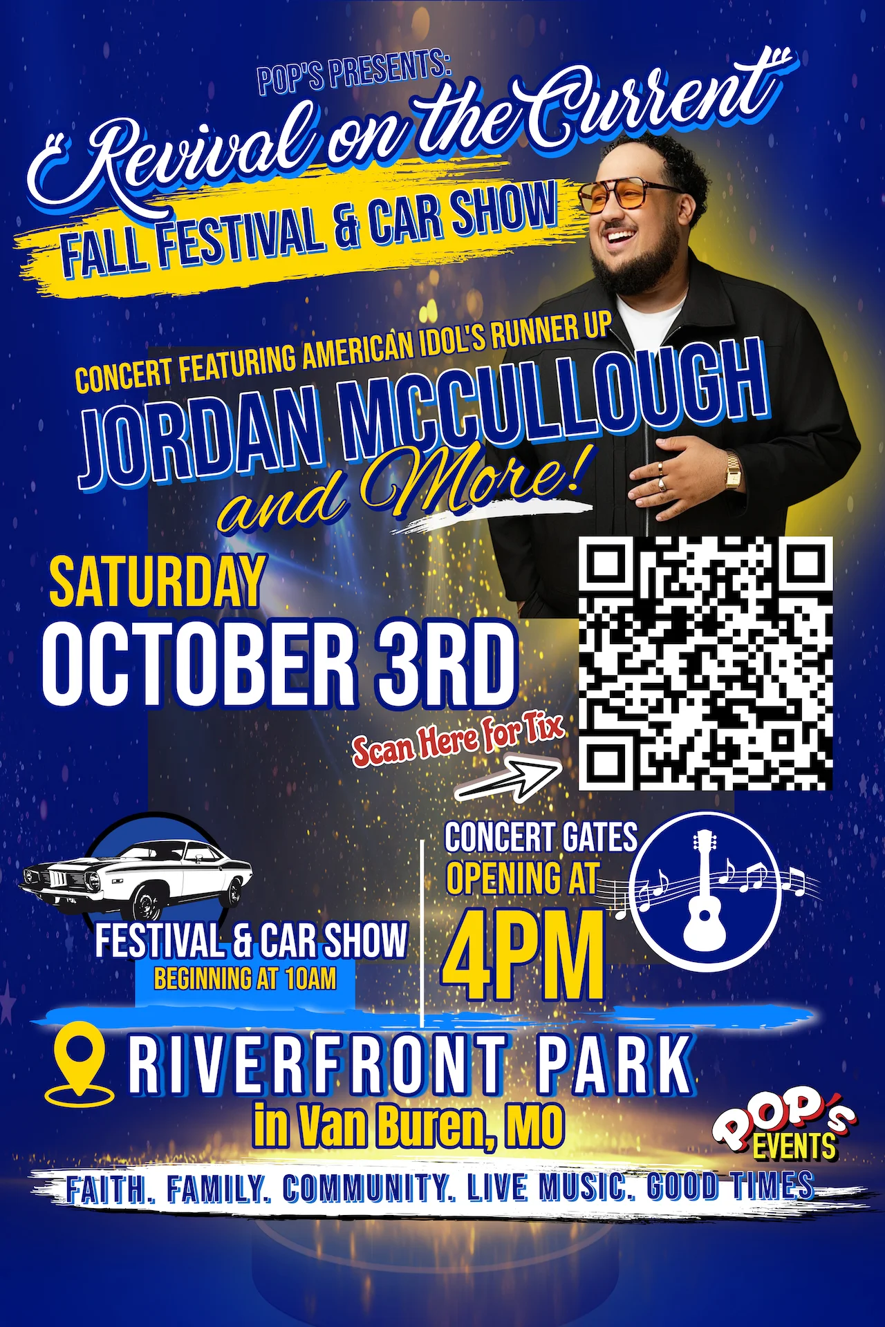 Pop's Revival on the Current — Fall Festival & Car Show, Saturday October 3 2026 at Riverfront Park in Van Buren, Missouri, featuring American Idol runner-up Jordan McCullough
