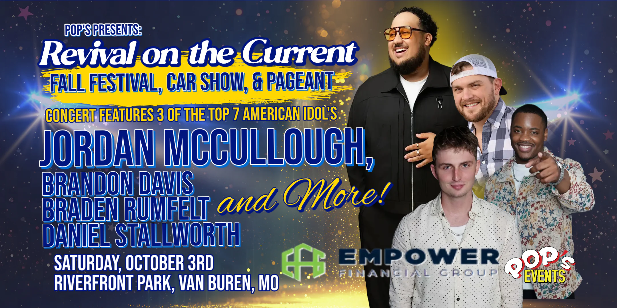 Pop's Revival on the Current — Fall Festival & Car Show, Saturday October 3 2026 at Riverfront Park in Van Buren, Missouri, featuring American Idol runner-up Jordan McCullough